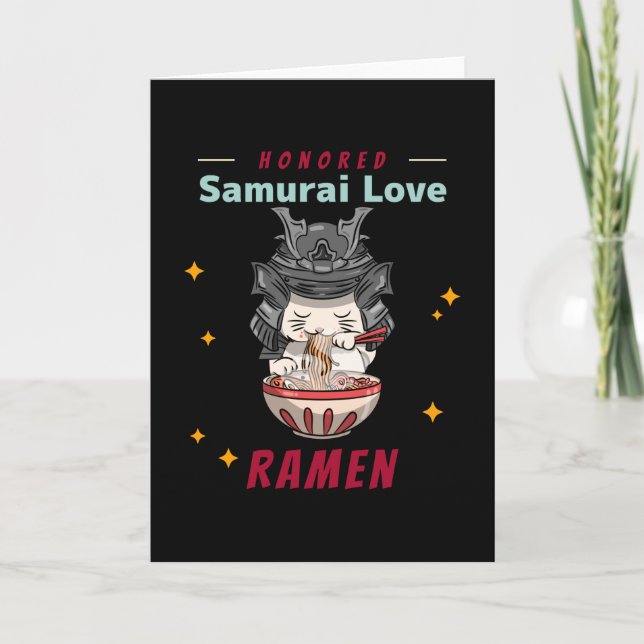 Kawaii Honoured Samurai Cat Eat Ramen Card (Front)
