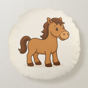 Kawaii Horse Illustration Round Pillow