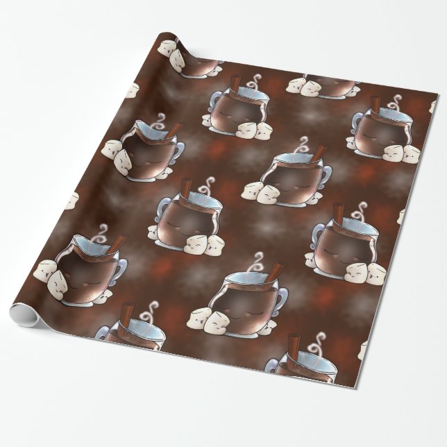 Kawaii Hot Chocolate and Marshmallows Wrapping Paper (Unrolled)