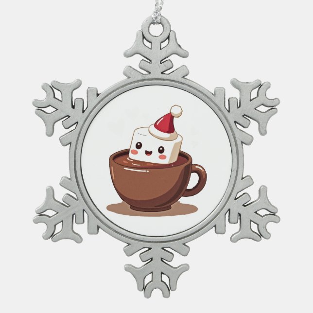 Kawaii Hot Cocoa Mug Smiling Marshmallow Art Snowflake Pewter Christmas Ornament (Front)