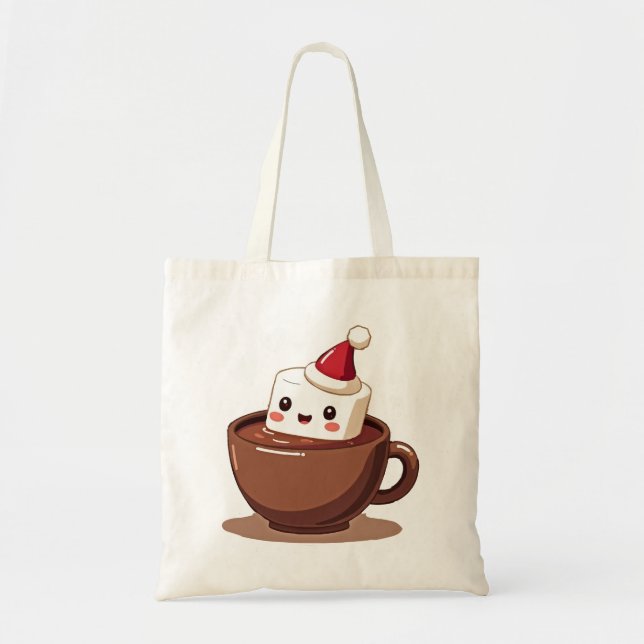 Kawaii Hot Cocoa Mug Smiling Marshmallow Tote Bag (Front)