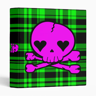 Kawaii Hot Pink Skull on Neon Green Plaid Binder