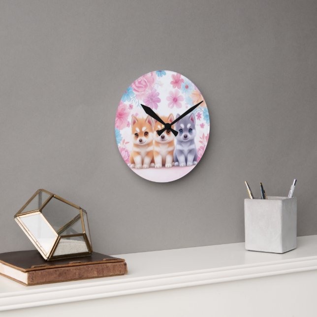 Kawaii Husky Puppies: Pastel Pals Throw Pillow Round Clock (Office)
