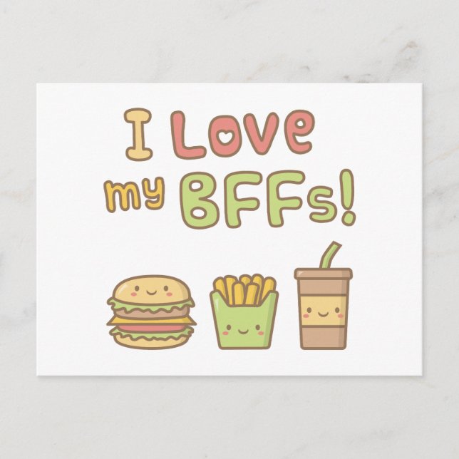 Kawaii I Love My BFFs Fast Food Doodle Postcard (Front)