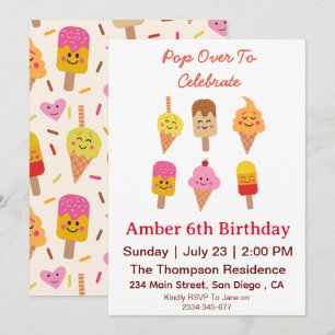 Kawaii Ice Cream and Popsicles Birthday Party Invitation