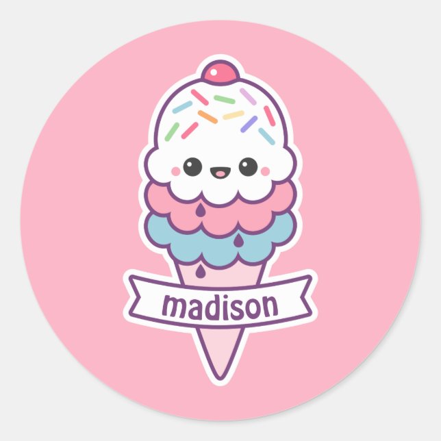 Kawaii Ice Cream Cone Classic Round Sticker (Front)