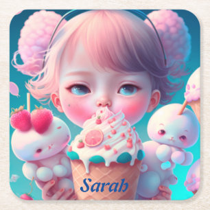 Kawaii ice cream girl square paper coaster