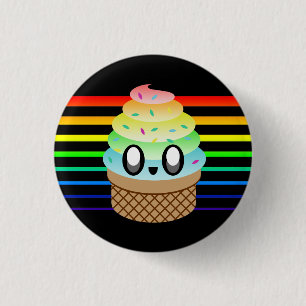 KAWAII ICE CREAM RAINBOW CONE STRIPES 1 INCH ROUND BUTTON