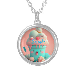 Kawaii  ice cream           silver plated necklace
