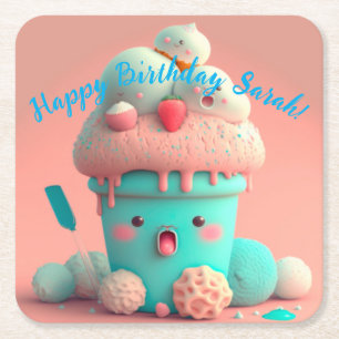Kawaii  ice cream       square paper coaster
