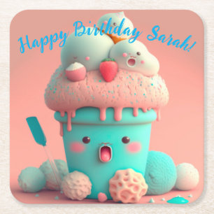 Kawaii  ice cream      square paper coaster