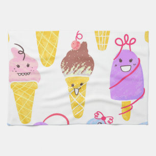 Kawaii ice creams, cute, seamless pattern. kitchen towel