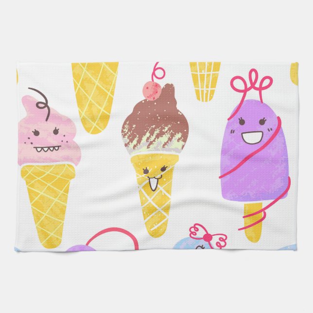Kawaii ice creams, cute, seamless pattern. kitchen towel (Horizontal)