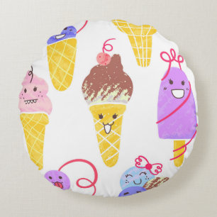 Kawaii ice creams, cute, seamless pattern. round pillow