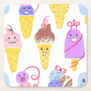 Kawaii ice creams, cute, seamless pattern. square paper coaster