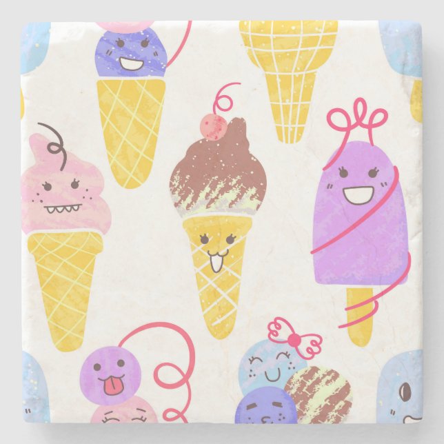 Kawaii ice creams, cute, seamless pattern. stone coaster (Front)