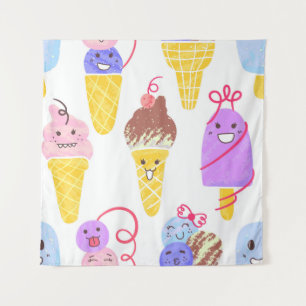 Kawaii Ice Creams Pattern, Kawaii Character Ice Cr Tapestry