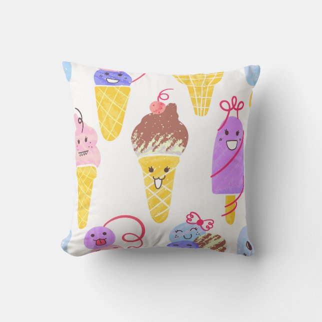Kawaii Ice Creams Pattern, Kawaii Character Ice Cr Throw Pillow (Front)