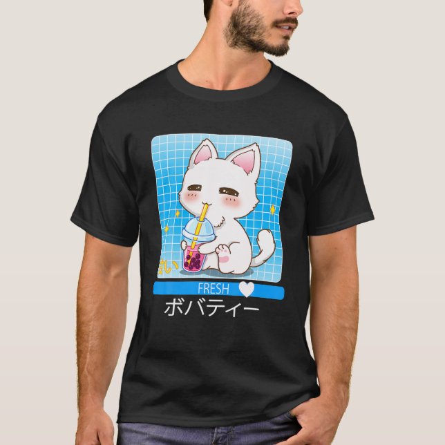 Kawaii Japanese Anime Cat Drinking Boba Tea Cute C T-Shirt (Front)