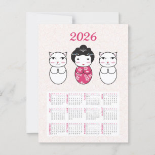 Kawaii Japanese Kokeshi Doll 2026 Calendar Postcard