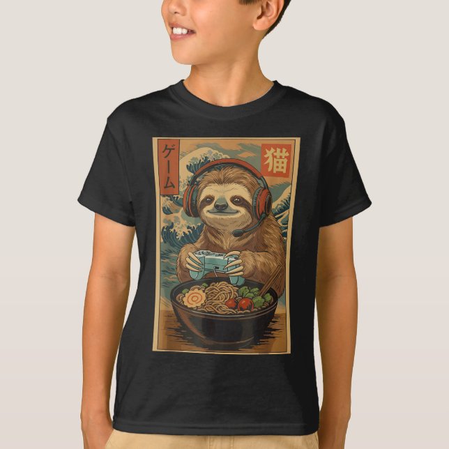 Kawaii Japanese Ramen Sloth Retro Gaming Shirts Fo (Front)