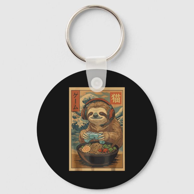 Kawaii Japanese Ramen Sloth Retro Gaming Shirts Fo Keychain (Front)