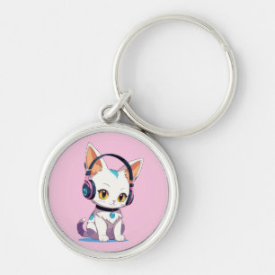 Kawaii Kitten in Rocking Headphones Keychain