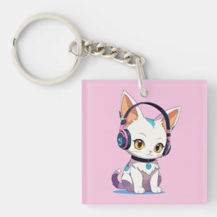Kawaii Kitten in Rocking Headphones Keychain
