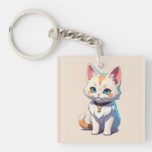 Kawaii Kitten with Feline Charm Keychain (Front)