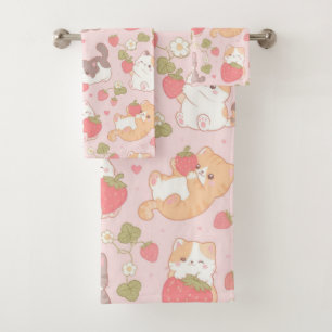 Kawaii Kittens and Sweet Strawberry Pattern Bath Towel Set