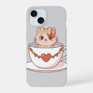 Kawaii Kitty in a Teacup iPhone 15 Case