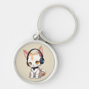 Kawaii Kitty in Rocking Headphones Keychain