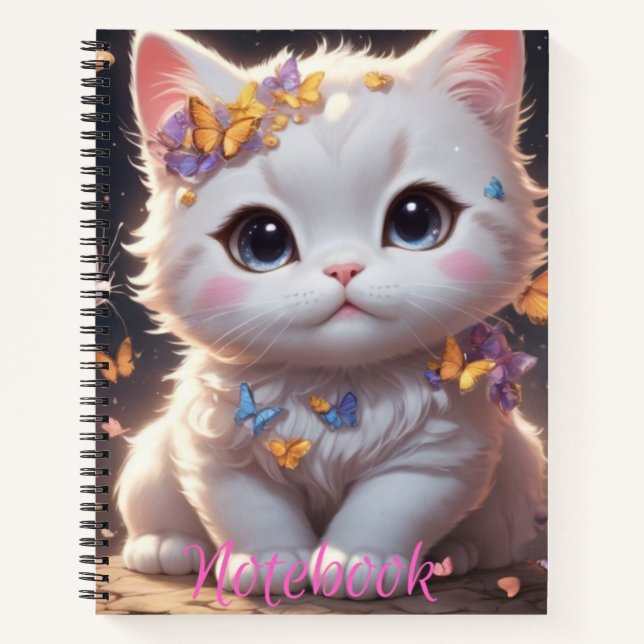 Kawaii Kitty With Butterflies Spiral Notebook (Front)