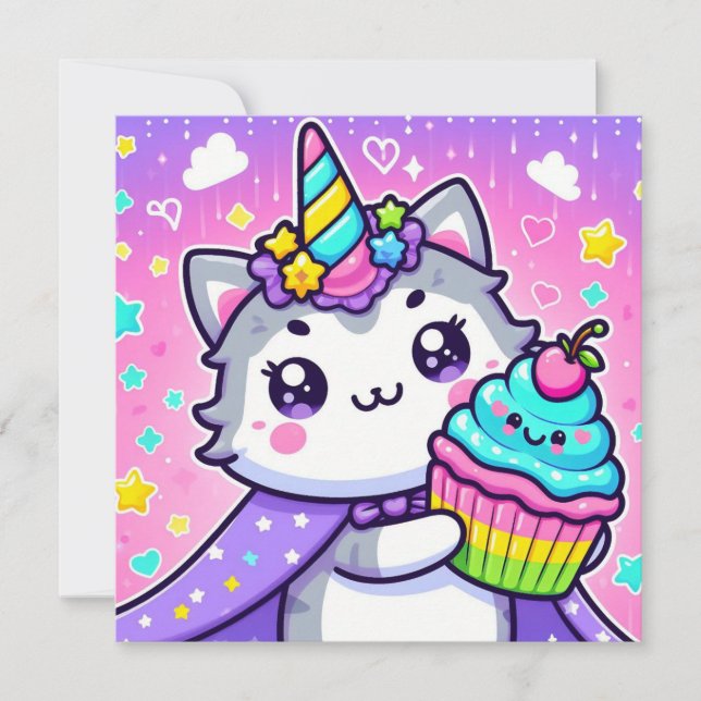 Kawaii Kitty With cupcake Birthday Card (Front)