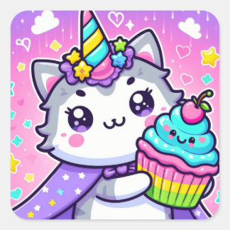 Kawaii Kitty With cupcake Birthday Square Sticker