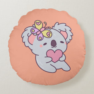 Kawaii Koala with Heart and Butterfly Round Pillow