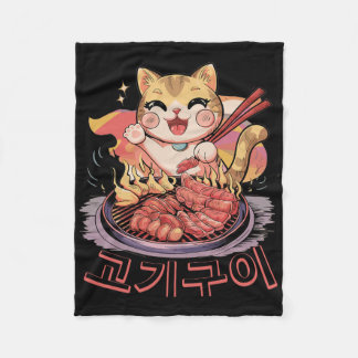 Kawaii Korean Cat Eating Bbq Korean Barbecue Anime Fleece Blanket