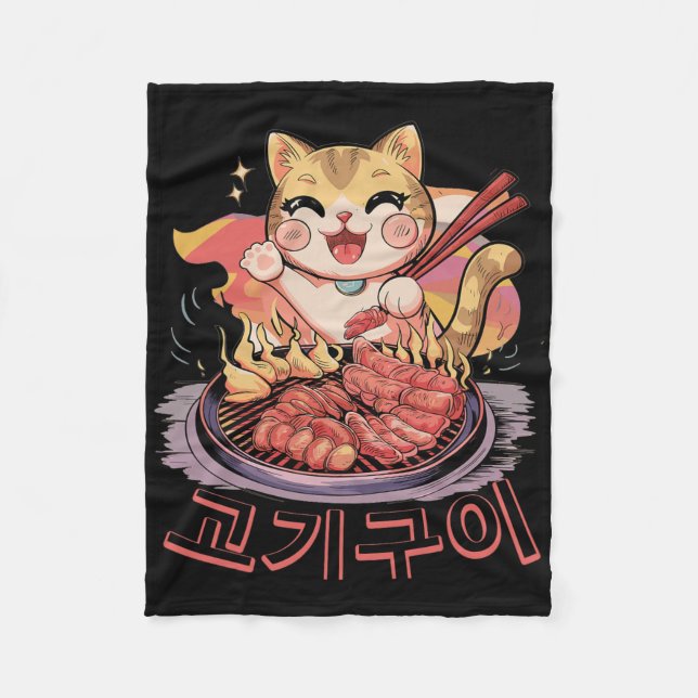 Kawaii Korean Cat Eating Bbq Korean Barbecue Anime Fleece Blanket (Front)