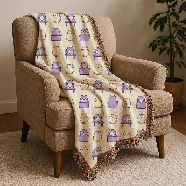 Kawaii Lavender Chonky Cat Pastel Throw Blanket (Kawaii Lavender Chonky Cat Pastel Throw Blanket)