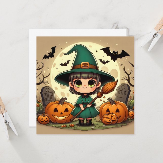 Kawaii little witch with Halloween pumpkins Invitation (Front/Back In Situ)