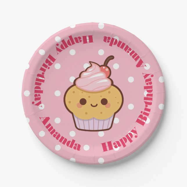 Kawaii Lovely Cupcake Birthday CUSTOM NAME Paper Plate (Front)