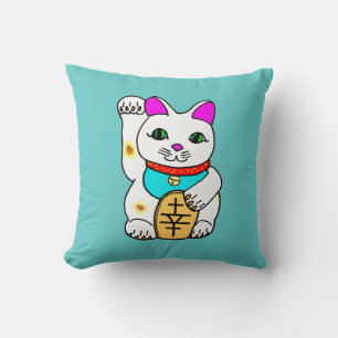 Kawaii Lucky Cat Maneki Neko Beckoning Throw Pillow