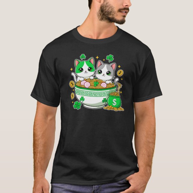 Kawaii Lucky Cats Ramen St Patricks Day Art T-Shirt (Front)