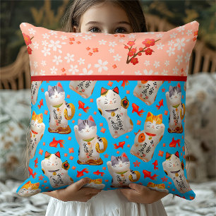 Kawaii Maneki Neko   Blue Kimono Style Floral Throw Pillow