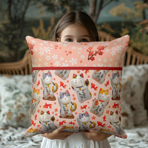 Kawaii Maneki Neko Lucky Cat   Peach Sakura Throw Pillow
