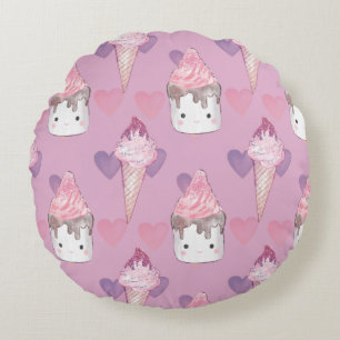 Kawaii Marshmallow & Ice Cream Pattern  Round Pillow