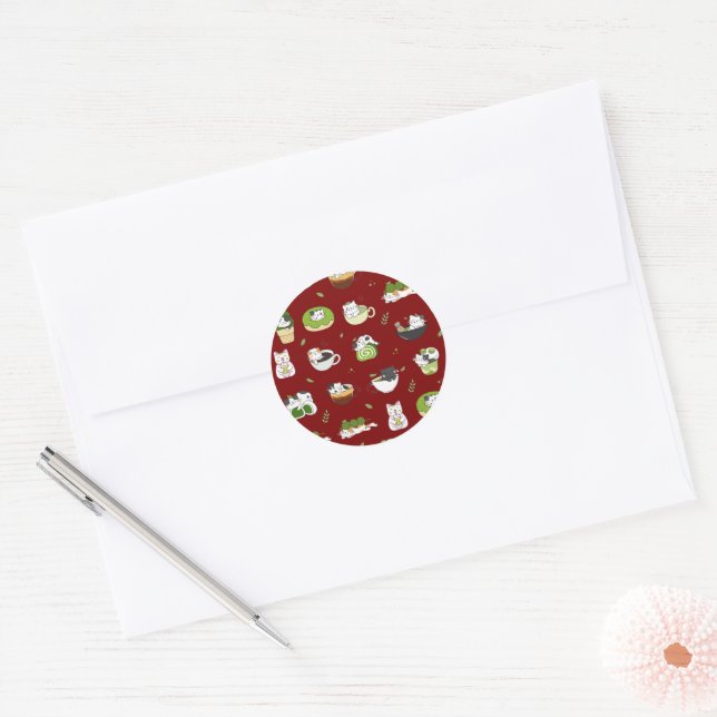 Kawaii Matcha Cat Seamless Pattern Classic Round Sticker (Envelope)
