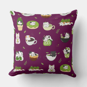 Kawaii Matcha Cat Seamless Pattern Throw Pillow