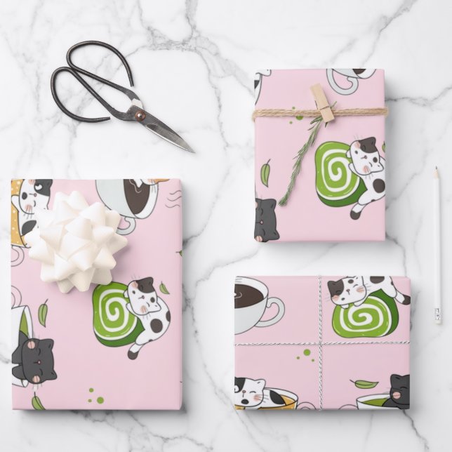 Kawaii Matcha Cat Seamless Pattern Wrapping Paper Sheet (Front)