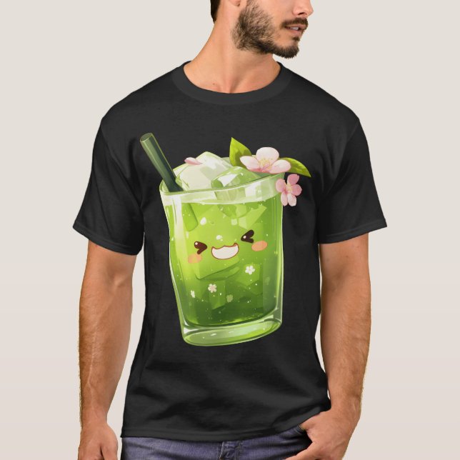 Kawaii Matcha Drink with Ice Cubes girl T-Shirt (Front)
